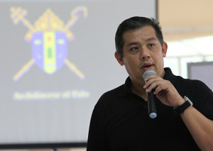 PREPARING FOR POPE VISIT -----   Leyte (1st Dist) Rep.Ferdinand Martin "FM" Romualdez explains his commitments to help prepare for the coming visit of Pope Francis to  Yolanda-devastated Tacloban City on January 17 2015,during the meeting with church and other government representatives at the Archdiocesan Chancery and Pastoral Center in Palo Leyte.Pope Francis will celebrate Holy Mass at the Apron of Tacloban City Airport .photo by Ver Noveno